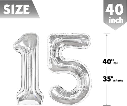 40 Inch Silver Number 15 Balloon Birthday Party Decorations - Image 5