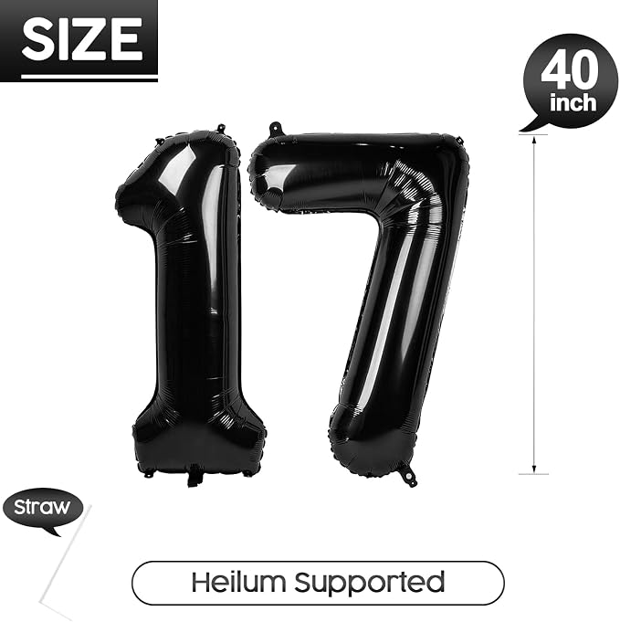 17 Balloon - Black Birthday Number Balloons, 40 Inch Decorations Men Women | - Image 5