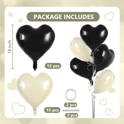 TONIFUL 30 Pcs 18 Inch Black Cream White Heart Shape Foil Mylar Balloons | - Image 2