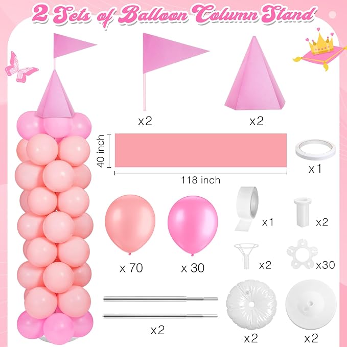 2 Sets Adjustable Pink Princess Castle Balloon Column Stand Kit Includes 140 - Image 2