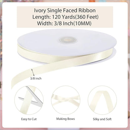 woric 120 Yards Ivory Satin Ribbon 3/8 Inch Thin Cream Ribbons | Single-sided - Image 2