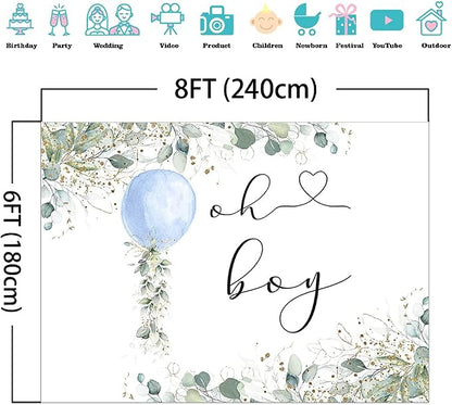 Mocsicka Oh Boy Watercolor Blue Balloon Backdrop Greenery Boy Baby Shower - Image 3