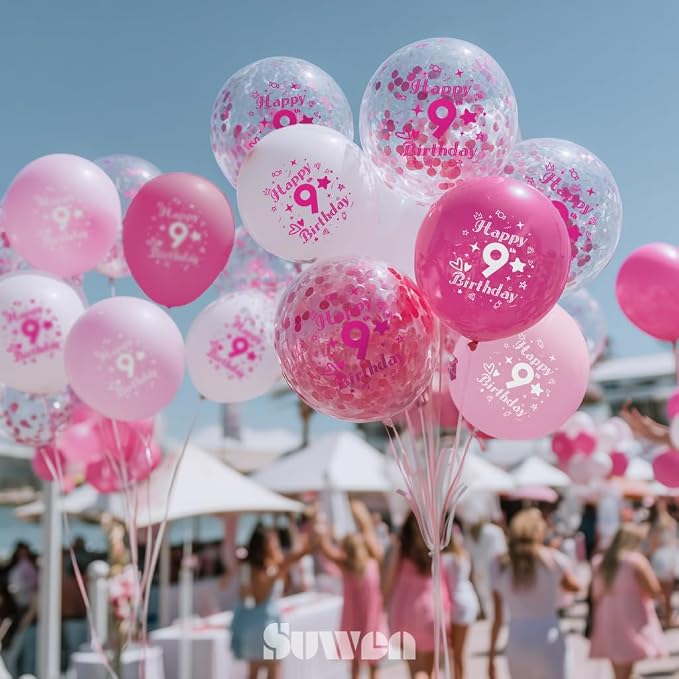 SUWEN Pink 9th Number Printed Balloons 38PCS 12 Inch | 1-9 Latex Balloons Happy - Image 5