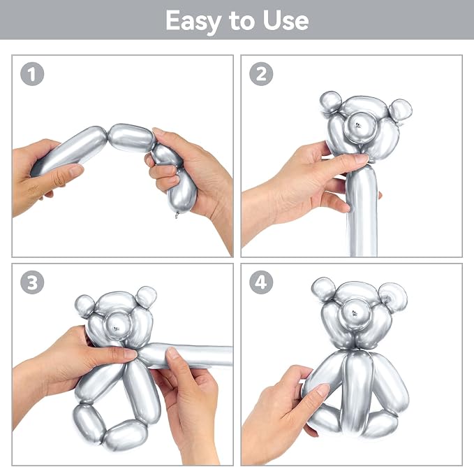 Metallic Silver Long Balloons Premium 260 Twisting Magic Balloons - Image 4