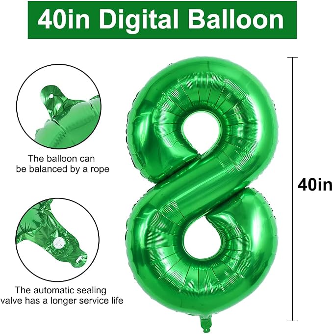 TONIFUL 40 Inch Dark Green Number 8 Balloon Foil Mylar, Self Standing Birthday - Image 2