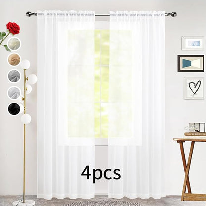 SpaceDresser Sheer White Curtains 4 Panels Rod Pocket Semi-Sheer Curtain 84 - Image 2