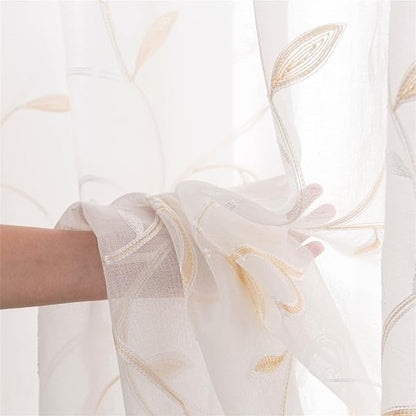White Sheer Curtains Beige Embroidered Leaves 2 Panels 54Wx54L | Light - Image 4