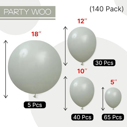 PartyWoo Dusty Green Balloons 140pcs Different Sizes Pack of 18 12 10 5 Inch - Image 7