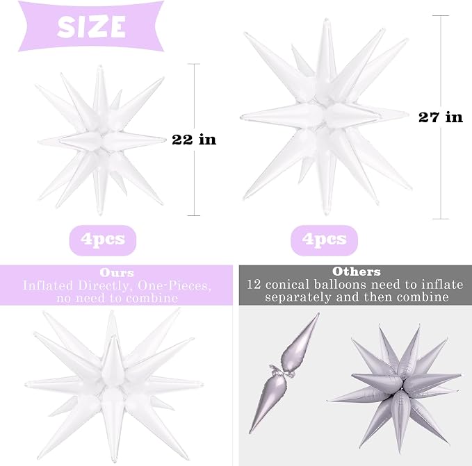 8 Pcs White Star Balloons, 27/22 inch One-Piece Explosion Balloons Aluminum - Image 2