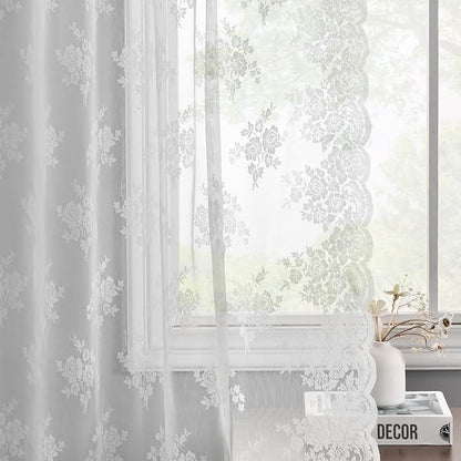 Kotile White Lace Curtains for Kitchen Windows W42 x L36 Inch, 2 Panels | Rod - Image 8