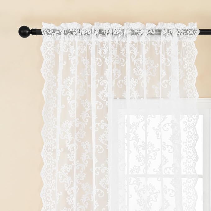 White Lace Curtains 102 Inches Long 2 Panels Paisley Floral Sheer Curtains - Image 4