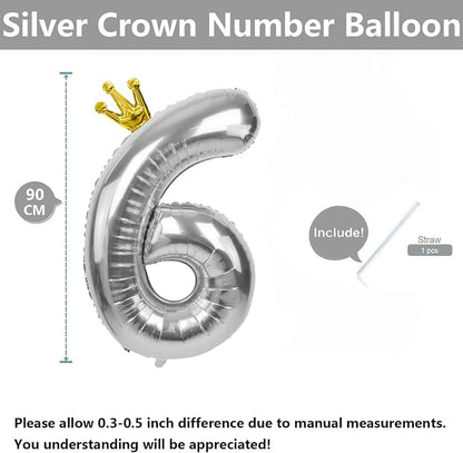 Silver Number 6 Balloon with Crown, 40 inch Silver Number Balloon 6th Birthday - Image 2