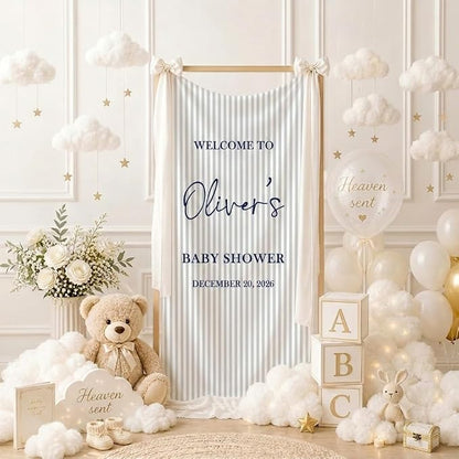 Custom Blue Striped Baby Shower Fabric Sign Hello Baby Linen Backdrop | - Image 2