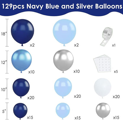 Navy Light Metallic Blue Silver White Balloons Arch Kit 129 Pcs | Baby Shower - Image 2