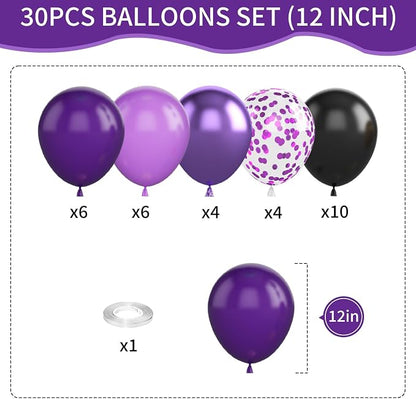 Purple and Black Balloons, 12 Inch Metallic Purple Dark Purple Black Balloons - Image 2