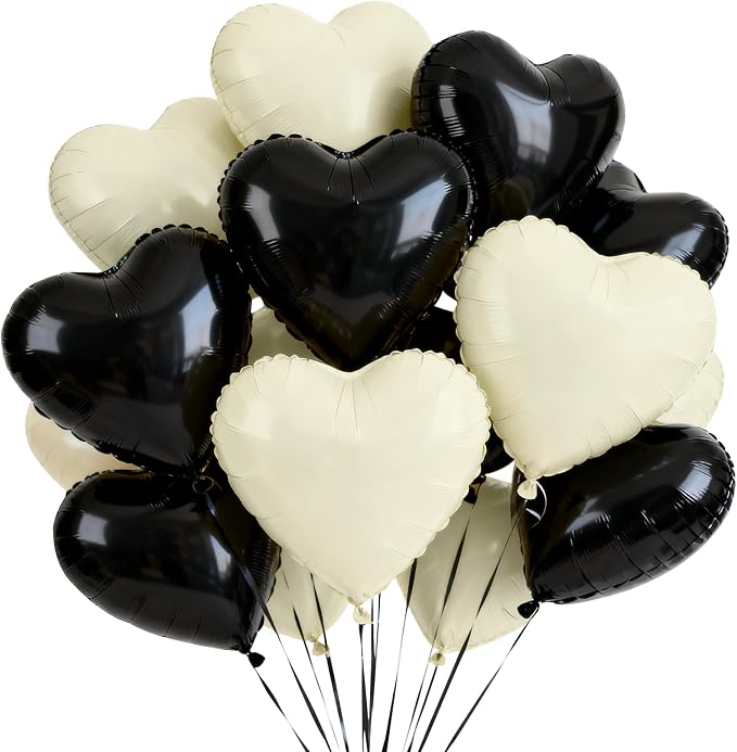 TONIFUL 30 Pcs 18 Inch Black Cream White Heart Shape Foil Mylar Balloons | by TONIFUL