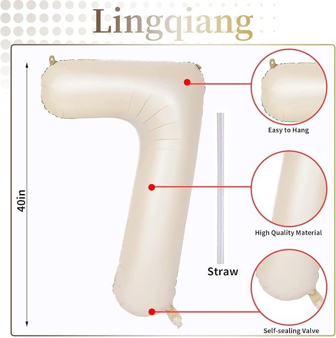 40'' Beige Number 7 Balloons, Giant Self Inflating Cream Foil Number Balloons - Image 2