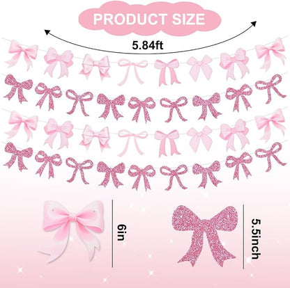 4pcs Glitter Pink Bow Garland Banner Pre-Strung Pink Bow Theme Party Backdrop - Image 2