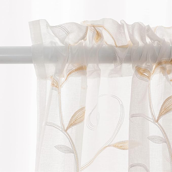 White Sheer Curtains Beige Embroidered Leaves 2 Panels 54Wx72L | Light - Image 5