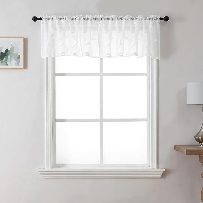 Kitchen Sheer Cafe Curtains Embroidered Leaves White 54Wx16L | Light Filtering by VISIONTEX