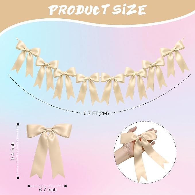 1 String of 8PCS Champange Bow Garland Banner Decoration, Pre-Strung Satin - Image 2