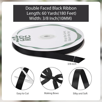 woric Double Faced Black Ribbon 3/8 Inch 60 Yards Thin Balloon Ribbons | Easy - Image 2