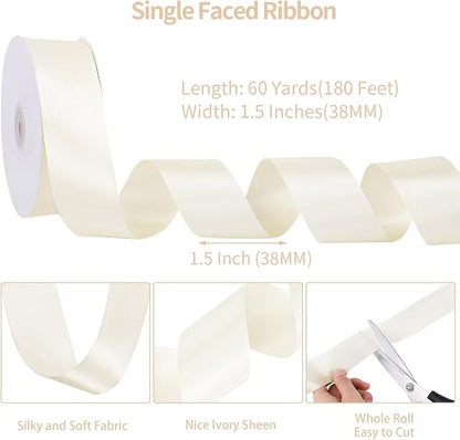 woric Ivory Satin Ribbon 1 1/2 Inch 60 Yards Cream Ribbon | Smooth Sheen - Image 2