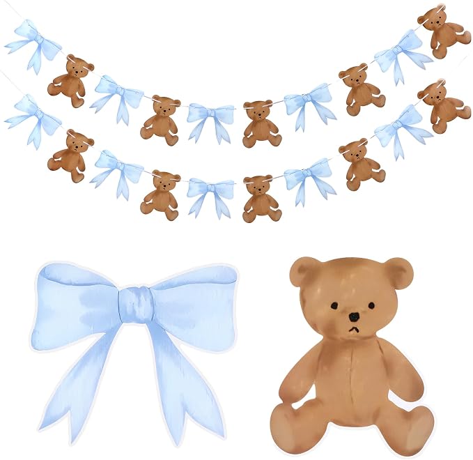 2 Pcs Blue We Can Bearly Wait Banner 6.56 ft Bear Theme Baby Shower Decorations by Tinlade