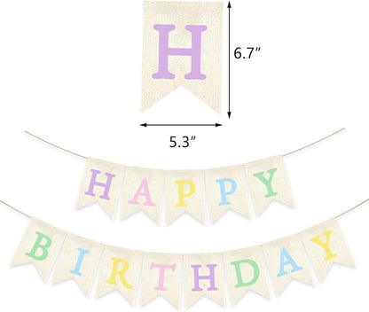 Pastel Rainbow Happy Birthday Banner Neutral Pre-strung Burlap Bunting Party - Image 2