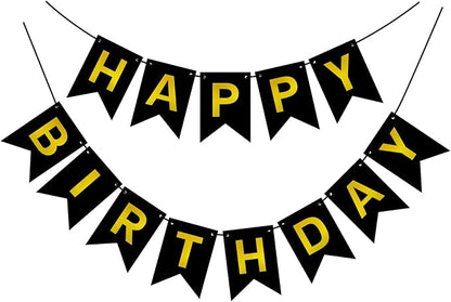 Pre-Strung Black and Gold Happy Birthday Banner Sign by PatiCool