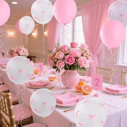 Pink Bow Balloons，32Pcs White Pink Balloons & 100Pcs Mini Ribbon Bows DIY Bow - Image 2