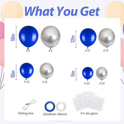 110pcs Royal Blue and Metallic Silver Balloons, 18/12/10/5 Inch Balloons | - Image 3