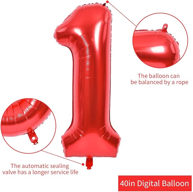 TONIFUL 40 Inch Red Number 1 Balloons Large Foil 1st Birthday Decorations | Red - Image 2