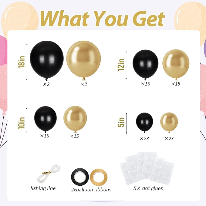 110pcs Black and Gold Balloons, 18/12/10/5 Inch Metallic Balloons | Balloons - Image 2