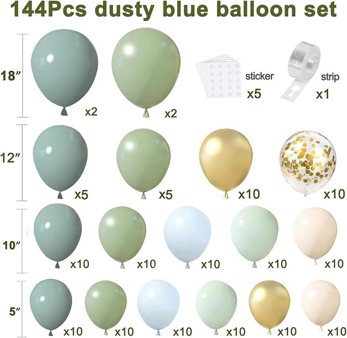 Dusty Blue Sage Green Balloon Arch Kit, Sand White Gold Confetti | Pastel Blue - Image 2