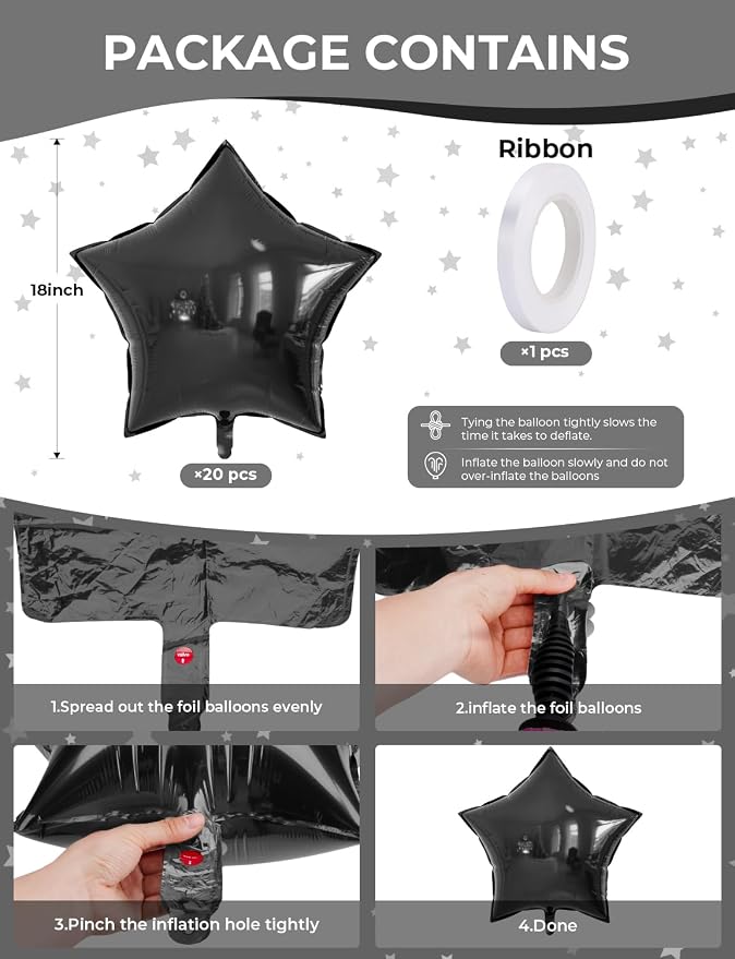 Black Star Balloons Set, Large Star Shaped Balloons - Image 4