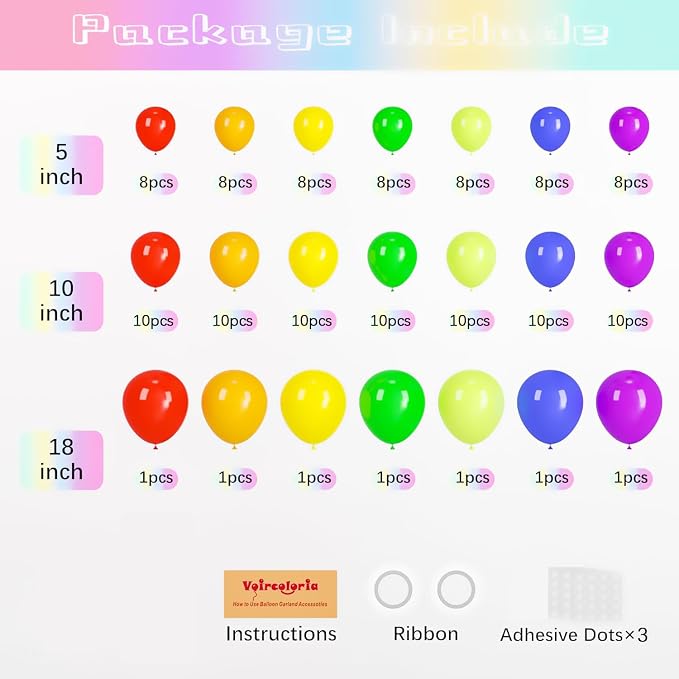 Voircoloria 134pcs Rainbow Balloons Garland Arch Kit, 18 12 10 5 Inch | - Image 2