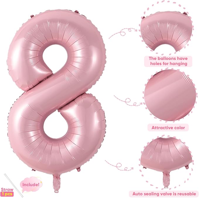 Light Pink 8 Balloon, 40 Inch Large Pastel Pink Foil Helium Number Balloons 0-9 - Image 3