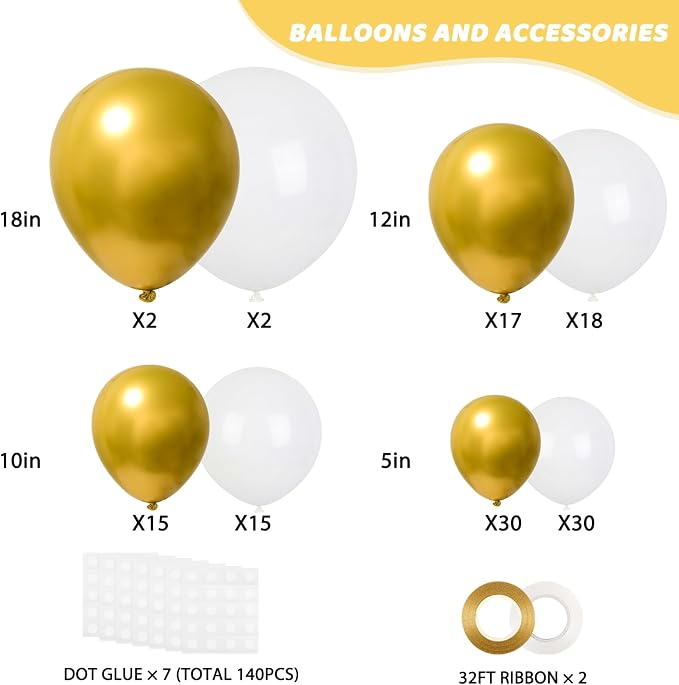 RUBFAC White and Gold Balloons 129pcs Different Size 18 12 10 5 Inch | Latex - Image 2