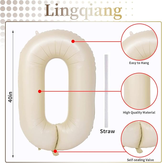 60th Birthday Balloons Cream for Women, 40 Inch Giant Beige Foil 60 Balloon - Image 2