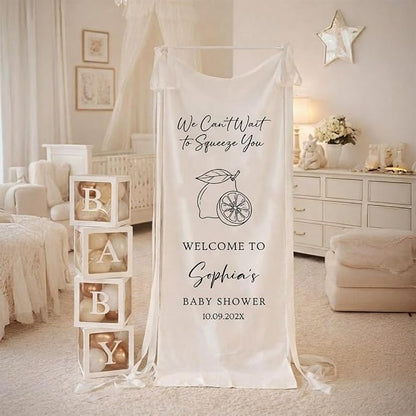 Personalized We Can't Wait to Squeeze You Baby Shower Fabric Sign Backdrop | - Image 3