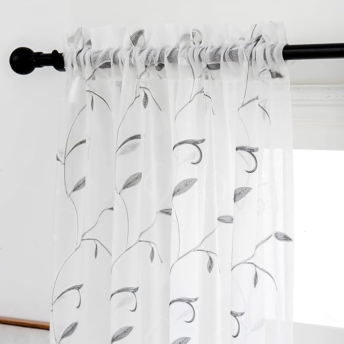 White Sheer Curtains Grey Embroidered Leaves 2 Panels 54Wx108L | Light - Image 3