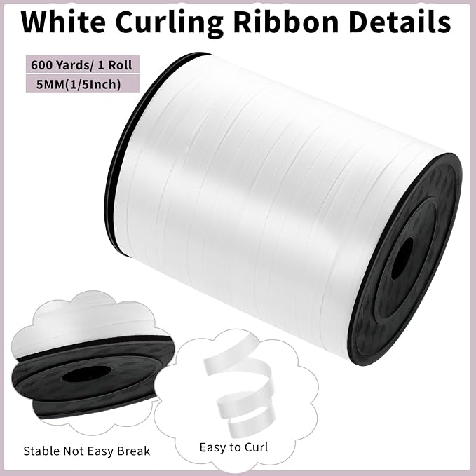 woric White Curling Ribbon 600 Yards, 1/5 Inch Balloon String Ribbon | Thin - Image 3