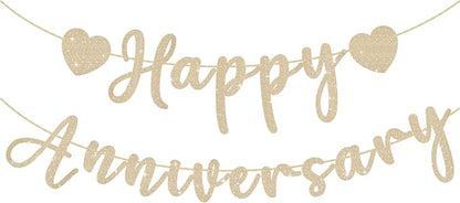 Happy Anniversary Banner, Pre-Strung Gold Glitter Wedding Anniversary by SerpizePaty
