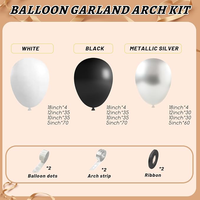 412Pcs Black and Silver White Balloon Arch Kit, 18 12 10 5 Inch Different Size - Image 2
