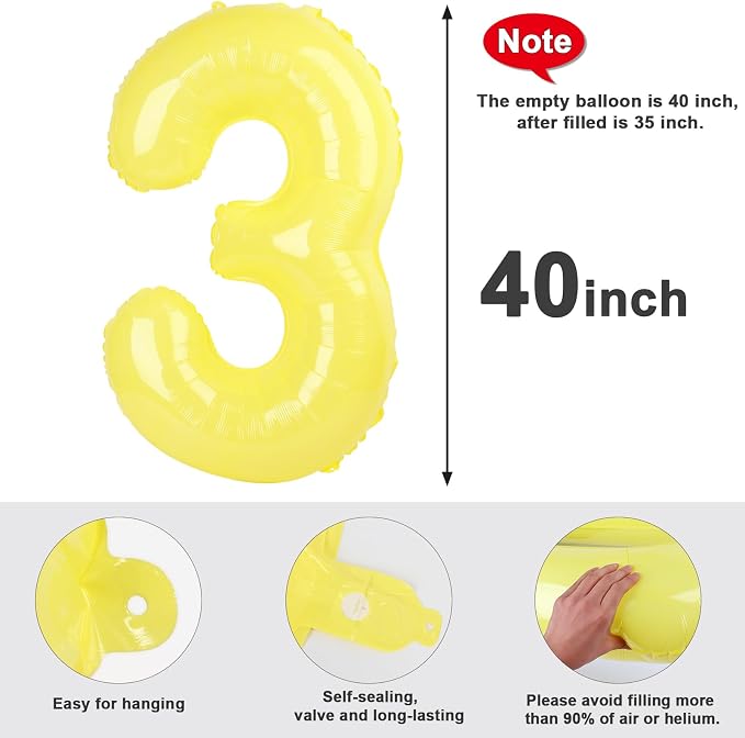 3 Balloon Numbers Birthday Decorations, 40In Yellow Balloons - Image 5