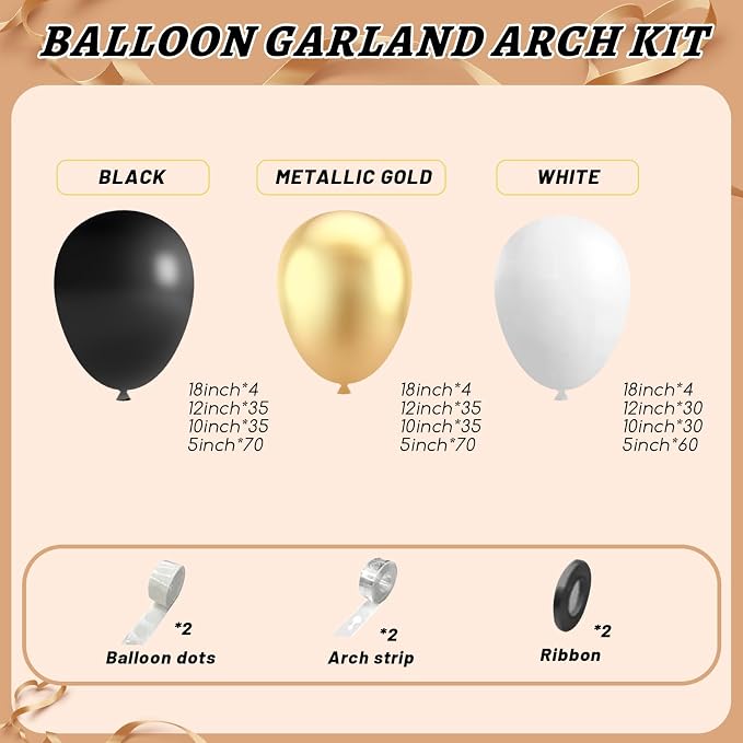 412Pcs Black and Gold Balloons, 18 12 10 5 Inch Different Size Black White - Image 2