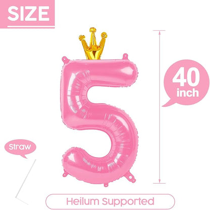 5 Balloon - Pink with Crown Birthday Number Balloons, 40 Inch Decorations | - Image 5