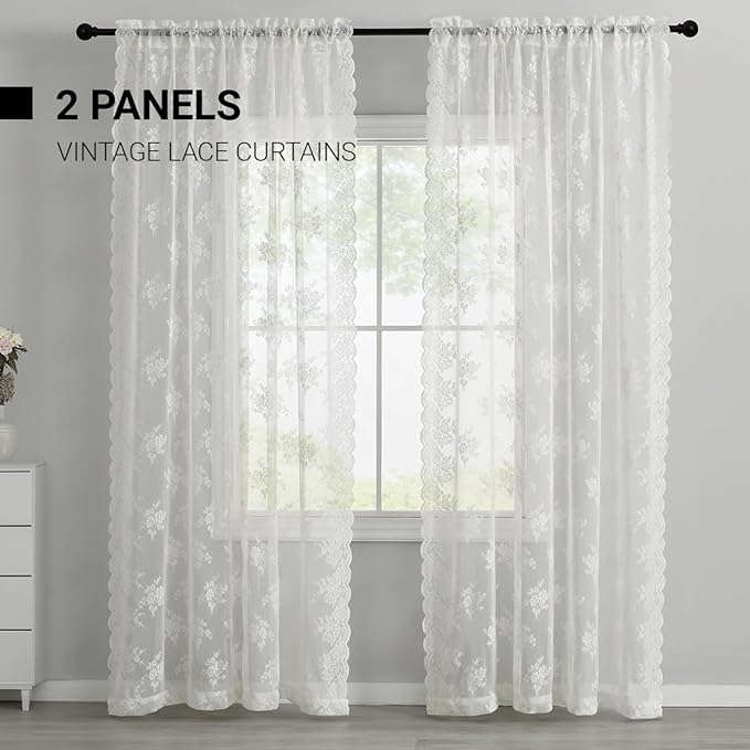 Kotile Ivory Lace Curtains for Bedroom Rustic Floral 52 x 84 Inch, 2 Panels | - Image 6