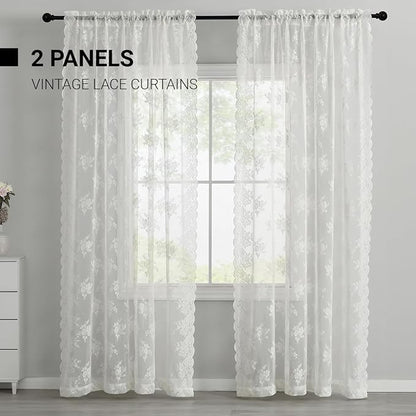 Kotile Ivory Lace Curtains for Bedroom Rustic Floral 52 x 84 Inch, 2 Panels | - Image 6